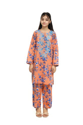 Plum 100% Cotton Lawn Peach Colour Printed Blue White Flowers Embroidered Blue threads On Stitched 2 pc suit for Girls.